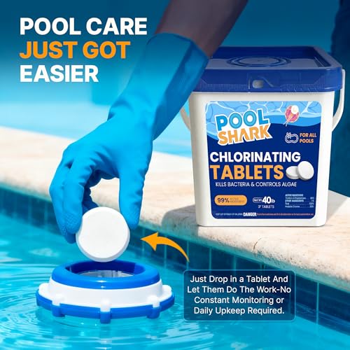 Image of Pool Shark Swimming Pool Chlorine Tablets | 40 lbs | 3-Inch Chlorine Tablets | Slow-Dissolving 90% Active Chlorine Tabs | Pool Chemicals for Inground Pools, Above Ground Pools, Saltwater, Spa, Hot Tub