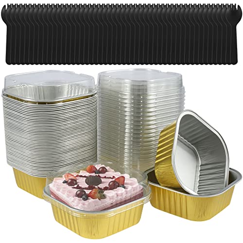 50Pcs Aluminum Foil Cupcake Container 150/300ml Heat-Resistant Foil Baking Cups with Clear Lids and Spoons Mini Square Cake Pan Reusable Dessert Brownie Muffin Baking Cup for Home (300ml Gold)