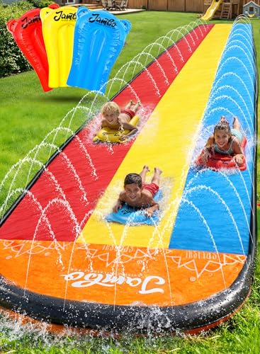 Image of JAMBO 25Ft Premium XXL Slip Splash and Slide with 3 Bodyboards, Heavy Duty Water Slide- Advanced 3-Way Sprinkler System, Splash Mat Splash Pad Backyard Waterslide Outdoor Water Toys n Slides for Kids