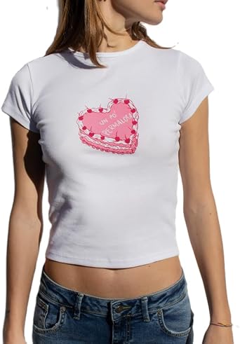 Women Cute Graphic Baby Tee Y2k E Girl Short Sleeve Crop Top Slim Fit Printed Tshirts Vintage Aesthetic Streetwear