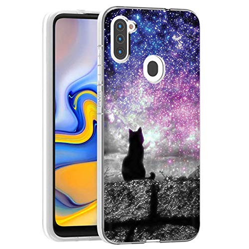 NakedShield Clear Slim Total Cover Phone Case for Samsung Galaxy A11,SM-A115M,Cat Sparkle Star Print,Light Weight, Unbreakable, Flexible, Surround Edge Protection,Designed in USA