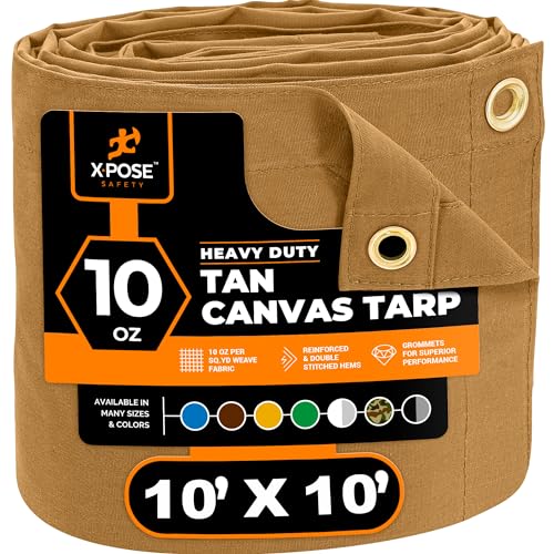 Xpose Safety Canvas Tarp - 10oz Tan Canvas Tarps Heavy Duty Water Resistant with Brass Grommets- Multipurpose Outdoor Tarpaulin for Camping, Canopy, Trailer, Equipment Cover 10' x 10'