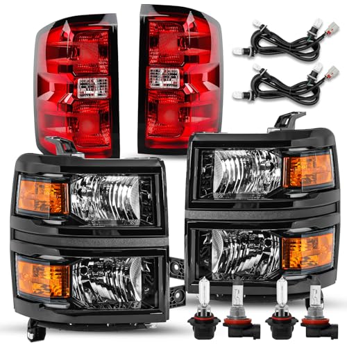 Image of TUSDAR Upgraded Lens Headlight and Tail Light Assembly Fit for 2014 2015 Chevy Silverado 1500 Pickup Truck OE Style Halogen Lamps Replacement Black Housing Amber /Driver & Passenger Side w /Bulbs
