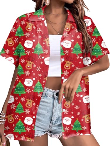 Image of tiorhooe Christmas T Shirts Women Xmas Short Sleeve Button Down Tops Hawaiian Graphic Shirt (Red2,L)
