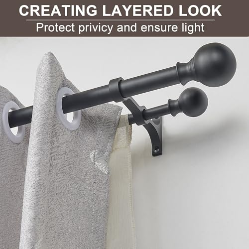 Double Curtain Rods 36-72 Inches with Round Finials, 1 Inch Heavy Duty Drapery Rod with Unique Aluminum Alloy Brackets for Windows, Sliding Door, Patio, Bedroom, Living Room Decoration, Matte Black by Fumlyate - Image 3