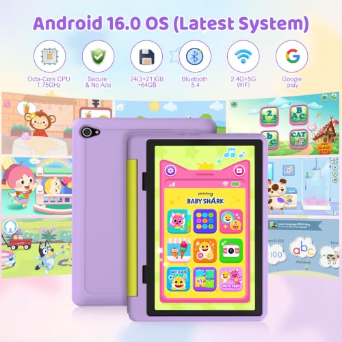 Image of Kids Tablet, Android 16 Tablet for Kids 10.1 inch with Google Play and Case, 24GB RAM 64GB ROM | 1TB Expandable, 6000mAh Battery Parental Control, Dual Camera WiFi 6, for Kids Study Gaming (Purple)