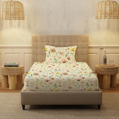 Image of Urban Space Serene 200 TC 100% Cotton Bedsheet for Single Bed with 1 Pillow Cover, Single Bedsheet Floral(Meadows Buttercream, Size 58 X 90 Inches)