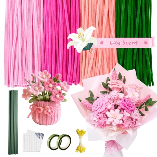 POMBUDS 500 Pipe Cleaner Flower Craft Kit – 400 Lily Scent Chenille Stems(4 Colors, 100 pcs of Each, 20 Green Floral Stems, 2 Rolls Floral Tape, Stamens for DIY Pipe Cleaner Bouquets and Decorations by POMBUDS - Used condition - US$16.92
