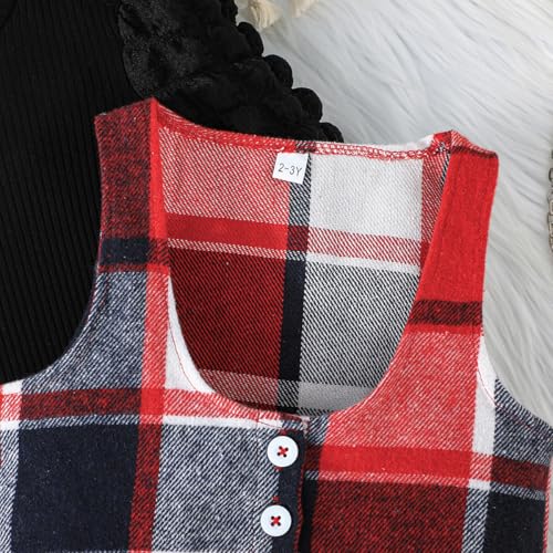 Image of Toddler Girls Christmas Outfits Girls Puff Sleeve Knit Ribbed Tops Button Down Vest Plaid Skirt Set Winter Clothes