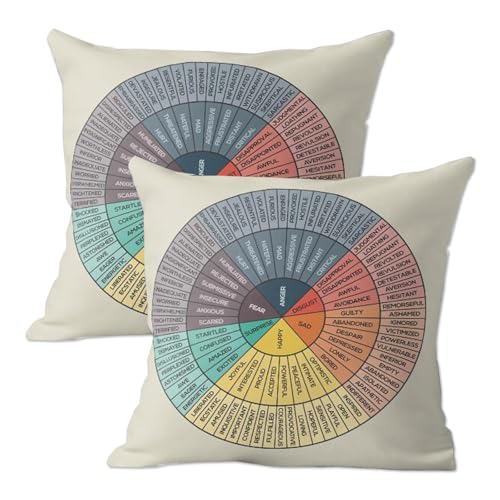 XRGBTAJ Pillow Covers 18x18 Inch Set of 2 Wheel of Emotions Feelings Therapy Chart Beige Throw Pillows Case Decor for Counselor Physical Therapist Gifts Home Decorative Couch Cushion Pillowcase