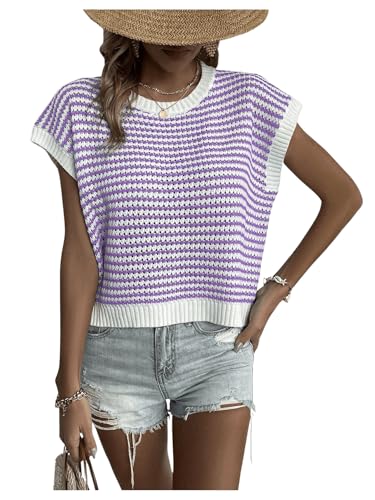 Image of Milumia Women's Striped Short Sleeve Sweater Vest 2025 Summer Cap Sleeve Pullover Tank Top