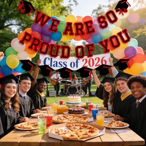 Image of We Are So Proud Of You Banner Graduation Party Decorations Congrats Grad Cap Garlands Wall Sign Red Black