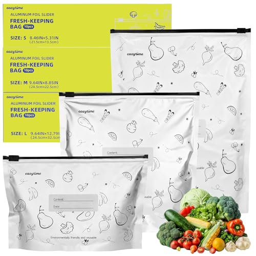 30PCS Reusable Aluminum Foil Sealable Storage Bags 3 Sizes Upgraded Reusable Aluminum Foil Freezer Bags with Label and Upgraded Zipper for Meat and Seafood (10*S+10*M+10*L)