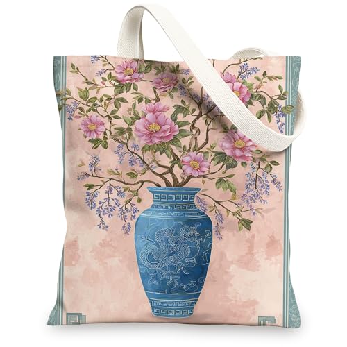Vintage Floral Canvas Tote Bags, Elegant Flower Print Reusable Grocery Bags, Lightweight Washable Shoulder Strap Tote for S, Peach, 13x15 Inch