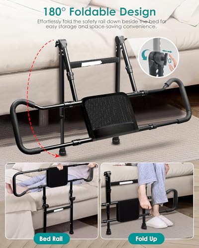 AMOVO Bed Rails for Elderly Adults Safety - Foldable Bed Assist Rails for Seniors Bed Side Grab Bar with Sensor Light, Adjustable Bedside Railing Safety Guard Rail Cane (ASTM F3186–17 Certified) - Thumbnail 2