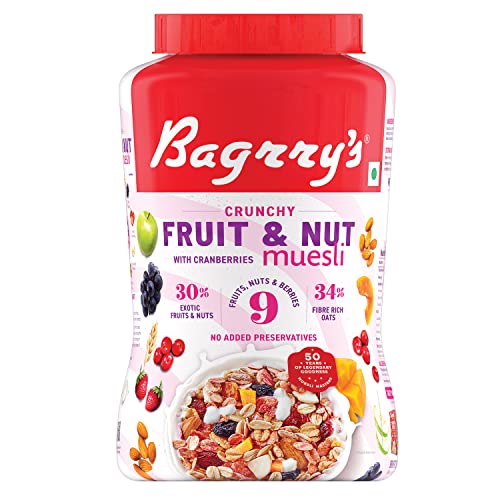 Image of Bagrry's Crunchy Fruit & Nut Muesli With 30% Fruits & Nuts - 1kg Jar | 38% Fibre Rich Non GMO Oats | 16 Real & Freeze Dried Fruits & Nuts Muesli | Breakfast Cereal | Protein & Fibre Rich | No Added Preservatives