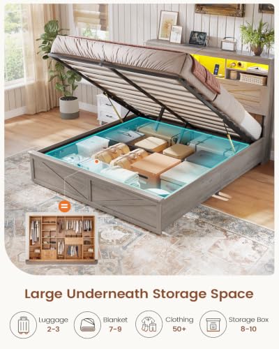Image of AOGLLATI Farmhouse Full Size Bed Frame with Lift Up Storage, Grey