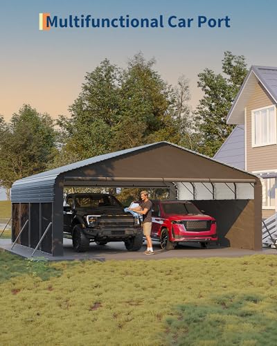 Image of Garvee 20'X20'X10' Metal Carport for 2 Cars, Enclosed Car Ports with Heavy Duty Steel Frame and 220 g Tarp, All-Weather Carport for Full-Size Pickup Trucks, Bass Boats, and Tractors