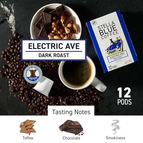 Stella Blue K Cup Coffee Pods, Electric Avenue Blend, Dark Roast with Toffee, Dark Chocolate & Smoky Notes, 100% Arabica, Ethically Sourced from Central & South America, 12 Recyclable Pods