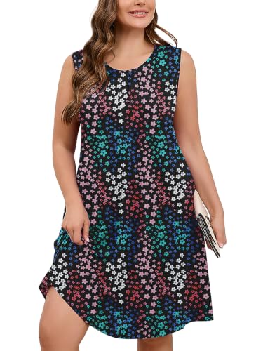 Image of AusLook Plus Size Midi Dress for Women Sleeveless Casual Summer Tank Dress with Pockets A-Line Loose Swing Dress 1-5X