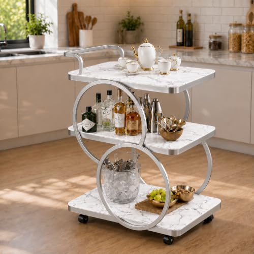 Image of Bar Table 3-Tier Metal Serving Table with Wheels Gold Elegant Home and Restaurant Mobile Cart for Effortless Food Serving Coffee Table for Living Room (Silver & White)