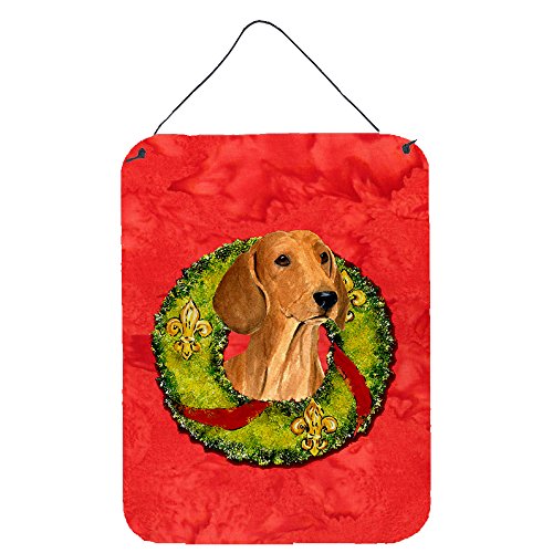 Caroline's Treasures SS4177DS1216 Dachshund Cristmas Wreath Wall or Door Hanging Prints Aluminum Metal Sign Kitchen Wall Bar Bathroom Plaque Home Decor Front Door Plaque, 12x16, Multicolor