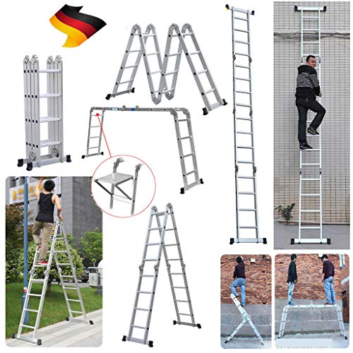 Alu Mehrzweckleitern 4.7M Gerüst Leiter mit Pattform Multigerüst Leiter 4x4 Sprossen, bis 150 kg belastbar, Klappleiter Stehleiter Multifunktionsleiter