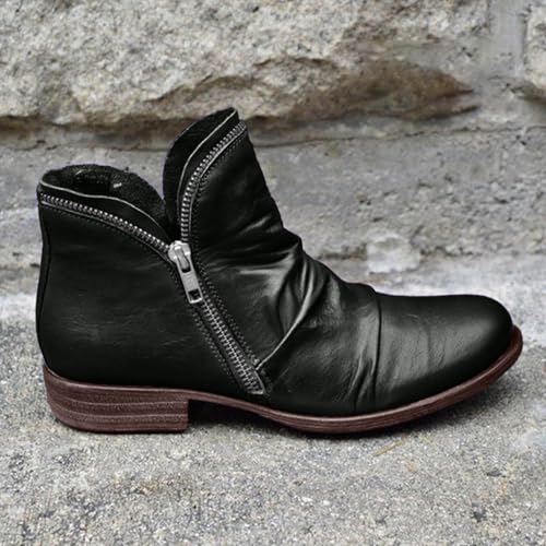 Dheva-C Women's Fashion Sneaker Booties Casual Leather Lace Up Ankle Boots Walking Shoes Arch Support Vintage Retro Round Toe Side Zip Flat Short Boots For Women Men Ladies4