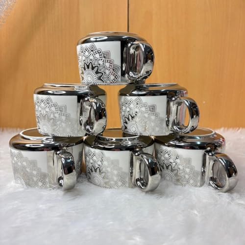 Image of DMRD MART-Porcelain Tea Set with Kettle |Tea Cup Set 7Pc | Aesthetic and Classic Cups Set | Premium Crockery for Home & Gifting with Golden Color Geometric Pattern Design. (Silver Lattice)