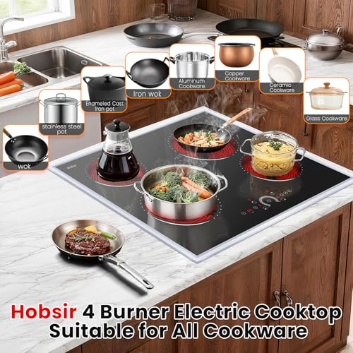 Image of Hobsir 24 inch Electric Cooktop 6200W, 4 Burner Electric Stove Top, Built-in Circular Slide Ceramic Stove with Glass Metal Frame, Timer, Safety Lock, 220V-240V Burner Hard Wire (No Plug)
