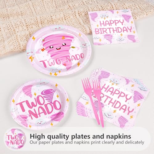 Image of Grencian 96Pcs Two Birthday Party Decorations for Girls Serves 24 | Pink Nado 2nd Birthday Plates and Napkins Tornado Two Year Old Decorations for for 2 Year Old Party Supplies Serves 24