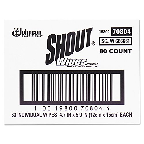 JohnsonDiversey Products - Shout Instant Stain Remover Wipes, Individually Wrapped, 80/CT - Sold as 1 CT - Wipes provide convenient, portable, instant stain treatment and removal. Ideal for clothing, carpet and auto interiors. Special stain-fighting ingredients instantly reduce the visibility of the stain. Each wipe keeps most stains from setting into clothes, eliminating many stains completely. Wipes are effective on grape juice, coffee, blood, and other stains. Formula is safe on all colorfast
