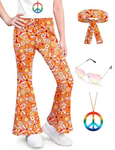 Big Girl Halloween Elastic High Waist Bell Bottom Trousers Retro Fashion Comfy Pants Retro Floral 10 Years