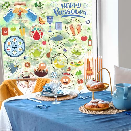 Image of 63 PCS Passover Decorations, 9 Sheets Colorful Passover Window Clings with Seder Plates Stars of David Eggs Red Wine Patterns, Double-Sided Jewish Decor for Pesach Party Supplies Home School