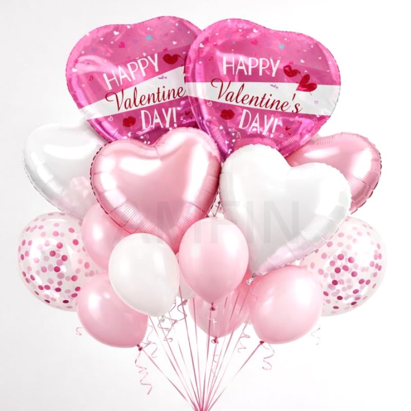 Image of AMFIN (Pack of 14) Happy Valentine's Day Balloon Decoration Set | Romantic Heart Foil Bouquet Metallic Helium Bunch Proposal Anniversary Celebration Party Decor - Pink White