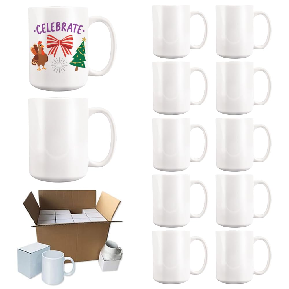 Paquete de 12 tazas de sublimación, tazas de café de 15 onzas con cajas de regalo blancas, tazas Para, tazas de café de cerámica en blanco para café, té, latte, sopa, leche, cacao caliente