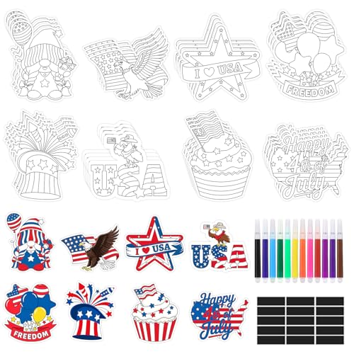 32 PCS 4th of July Crafts Fridge Magnet Kit Paint Your Own Patriotic Crafts DIY Include 32 Magnet 24 Paint Pens for Memorial Day Independence Day Classroom Gifts Favors Party Home School Activities