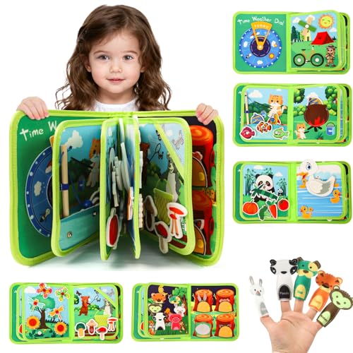 XIAPIA Libro Montessori para Niños 1 2 3 Años, Busy Board Juegos Educativos de Tema Animales y Bosques, Busy Book Sensorial Montessori, Libro Interactivo con Motricidad Fina