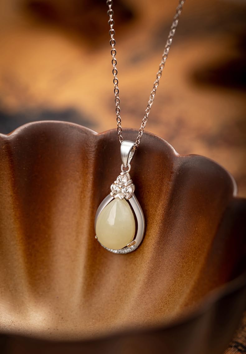14K Gold Real Natural Jade Teardrop Necklace, Traditional Chinese Style Pendant, Elegant Jade Jewelry Gift forHer Blessing