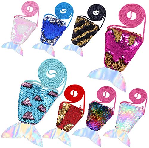 JOYUE 8 Pièces Queue de Sirène à Paillettes Portefeuille Sac, Mini Sac à Bandoulière à Sequins, Fermeture Éclair Porte-Monnaie Cadeau pour Enfant
