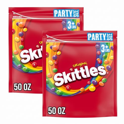 SKITTLES Original Chewy Candy Rainbow Colorful Bite Size Snacks for Celebrations, Parties, Holiday, Candy Dishes, Party Size, 50 oz Bag (Pack of 2)