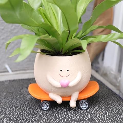 UMESONG Smily Face Planter Pot with Drainage Hole Cute Resin Head Planters for String of Pearls Plant Live Unique Skateboard Succulent Pots for Indoor Outdoor Plants Gift IdeaI for Mother Christmas Cover