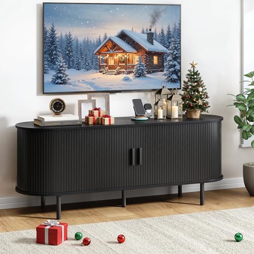 Image of 55 inch TV Stand with Power Outlet, Modern Media Console with Sliding Doors, Entertainment Center for TVs up to 60 Inch, Adjustable Shelves, Black