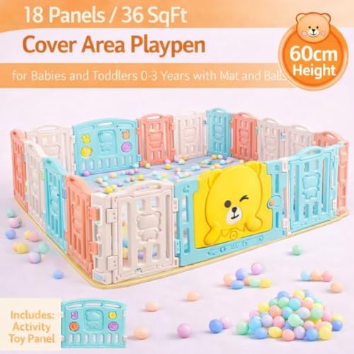 Image of Hukimoyo Large Baby Playpen 18 Panels /36 Sq Ft Play Area Indoor Setup with Mat ,balls | Play Yard for Babies 0-3 Years with Padded Boundary |Indoor Outdoor Toddler , infant fence Activity Center with Safety Door Lock & Suction Cups (6 * 6 FT)