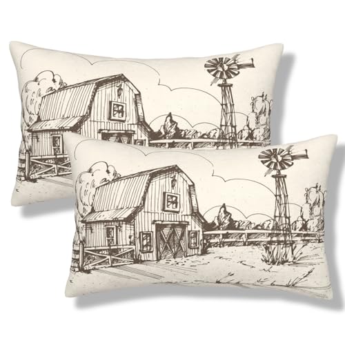 ZYLITHO Windmill Rustic Barn Lumbar Throw Pillow Covers Farmhouse Hand Drawn Pillow Cases 12x20 Inch Set of 2 Countryside Rural Meadow Pillowcase Cushion Cover for Home Bedroom Couch Sofa