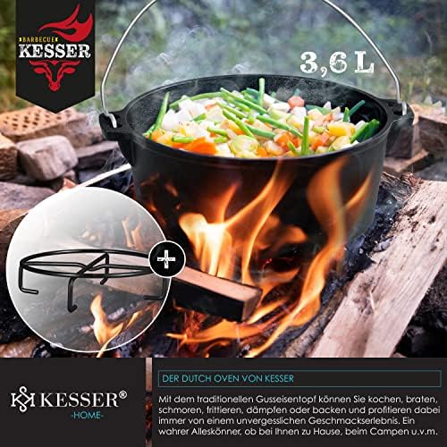 KESSER® Dutch Oven zestaw 12-częściowy w drewnianej skrzynce z wieloma akcesoriami w zestawie gofrownica żeliwna  już wypalona z garnkiem, płytą grillową, patelnią, łyżką pokrywką, z i
