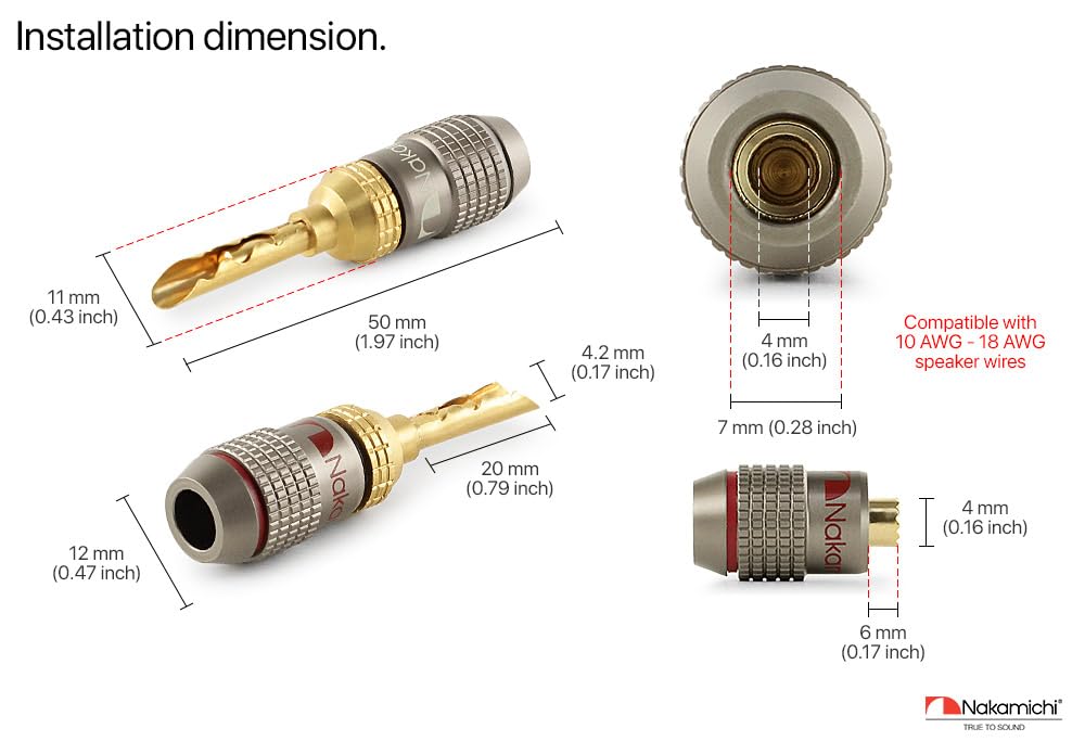 Nakamichi FanLock 24K Enchufe de BFA banana chapado en oro 10 AWG - 18 AWG calibre 4 mm para Altavoces Amplificador Receptor AV Estéreo Teatro en Casa Cable de Audio Conector, 20 piezas (10 pares)