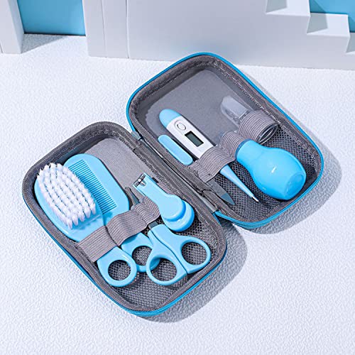 Kit de soins pour bébé, 8 pièces pour bébé, accessoires de soins pour nouveau-né, avec thermomètre, aspirateur nasal, pipette, mangeoire, kit de soins capillaires bleu Cover