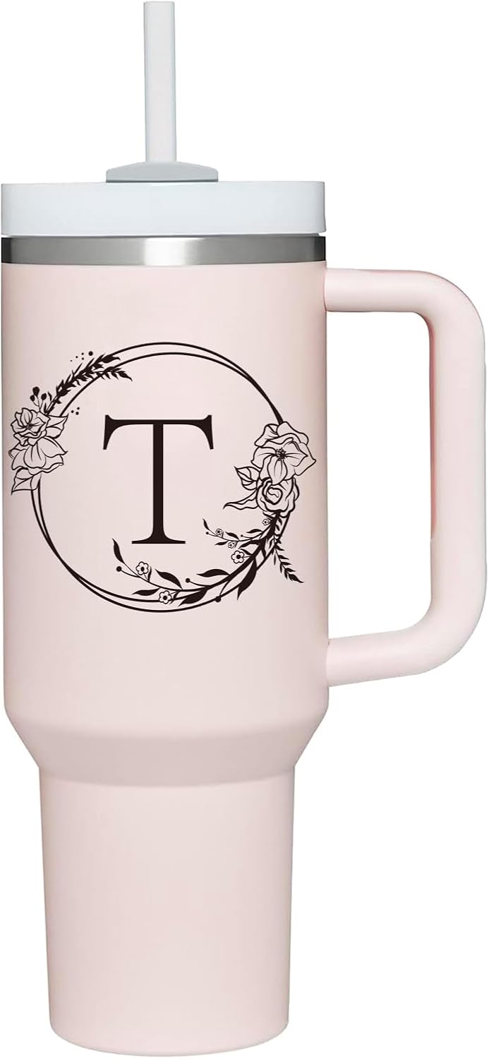 Personalized 40oz Tumbler Cup with Initials.Cup with Letter T 40oz Tumbler with Handle.Custom Tumbler Cup with Letter.Initial Monogram Tumbler Mug Gifts for Women Birthday Christmas.