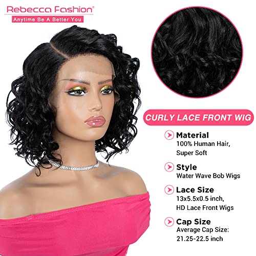 Rebecca Fashion Bob Lace Front Wigs Human Hair Water Wave 13X5.5X0.5 Large C Part Side Lace Front Wigs For Women 100% Brazilian Virgin Human Hair 12Inch, 1B #TOP1